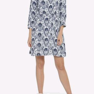 White and Navy Blue Printed ALine Dress