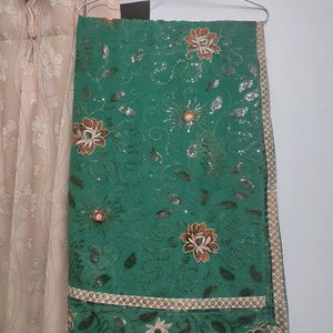 Embroidery Dark Green Zardozi Saree With Border