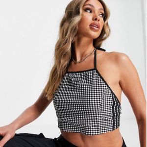 adidas gingham halter neck crop top in black