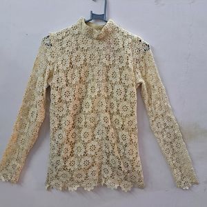 Beige Lace Top With Polo Neck Have Long Sleeves Inner IS Attached To It Sleeves Are Transparent