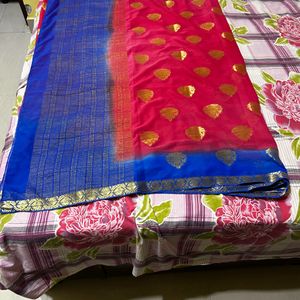 Fancy Dark Pink & Blue Saree