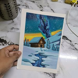 Cottage Snow Painting On A5 Sheet