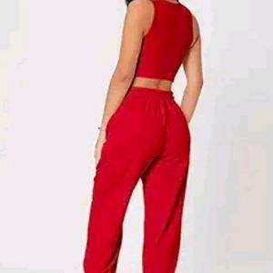 Red Solid Summer Track Suits Activewear