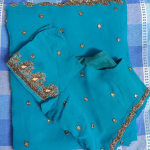 Teal Heavy Embroidery Saree With Blouse