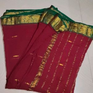 Maroon Colour Cotton Linen Pattu Saree