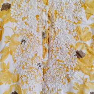 Floral White & Yellow Embroidered Kurta