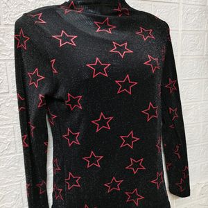 Polo Neck Shimmery Top With Red Stars