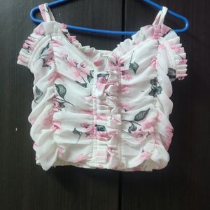 XS Size Cute White Top With Flower Print