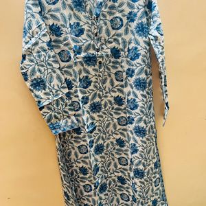 Utsa White Blue Flower Printed Full Sleeves