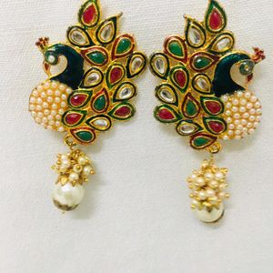 Peacock And Pearl Earrings With Multi Stones