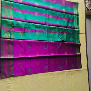 Green and Purple Cotton Silk Saree