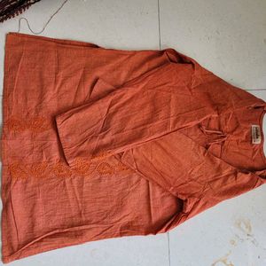 Orange Embroidered Fabindia Short Kurti