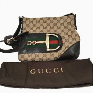 Auth Gucci Horsebit Canvas One Shoulder Bag