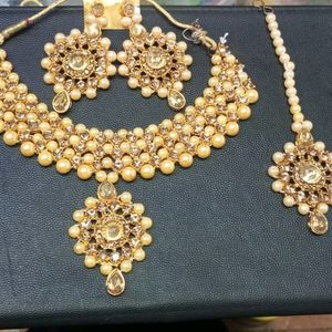 Golden Neck Set With Moti Work