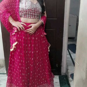 🔥Spot Offer Hot Pink Mirror Work Lahenga🔥