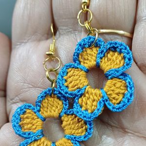 Yellow Blue Crochet Flower Earrings