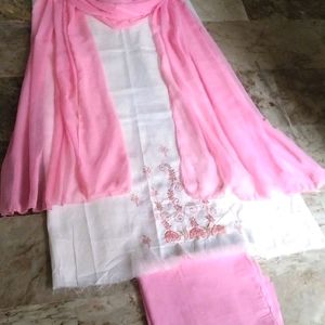 3 piece cotton embroidery pink&white suit(unstitcd