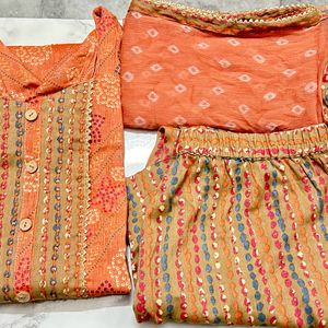 Orange Ornamental Print Kurta Trouser Dupatta (XL)