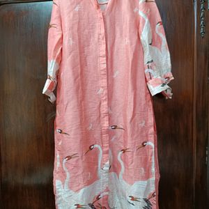 Printed Coral Silk Kurta