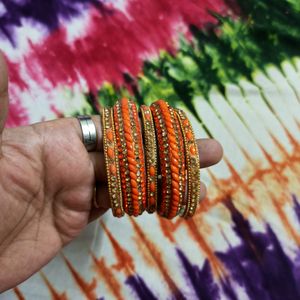 New Fancy Bangles Set In Orange & Gold