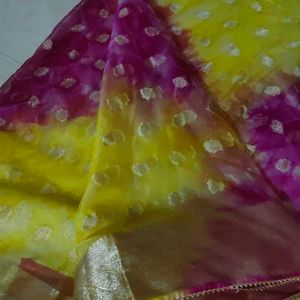 Organza Saree Yellow And  Rani Colour