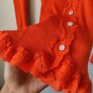 Coral Lace Trimmed Ribbed Top