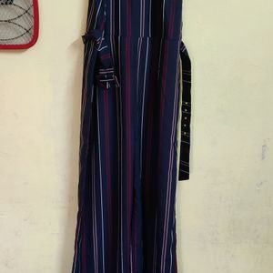 FabAlley Navy Blue Striped Belted Jumpsuit