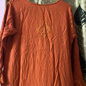 Rust Orange Rayon Mukaish Chikankari Kurta