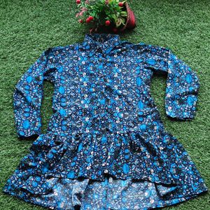 Blue Floral Printed Collared High-low Flared Tunic