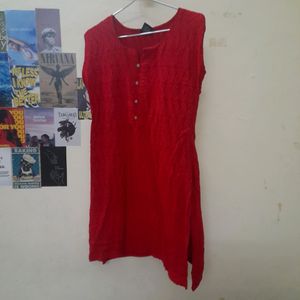 Red Sleeveless Chikankari Kurtha