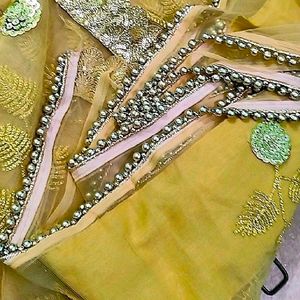 Golden Beaded Lacework Partywear Saree Blouse