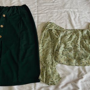 Full Sleeveless Light Green Top And Gree Skirt