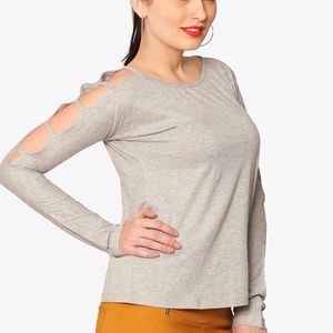 Grey Solid Long Sleeves With Cut-out Detail Top