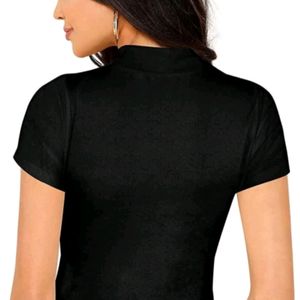 Lime Solid Women High Neck Black Tshirt