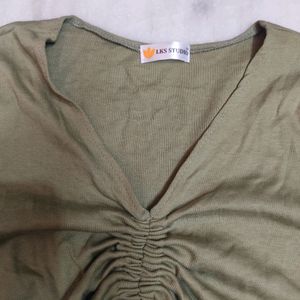 Olive Green Soft Material Knot Crop Top