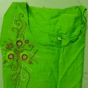 Parrot Green Kurthi With Beautiful Handwork