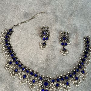 Navy Blue Oxidised Necklace Set