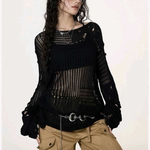 Y2k Crochet Distressed Black Oversized Top