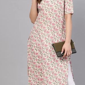 Women Green And Pink Floral Print Straight Kurta