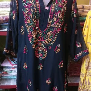 Black Multi Colored Chikankari Kurti Set