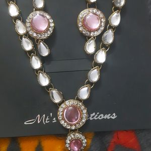 A Pink With Silver Stones Necklace Jwellery Set