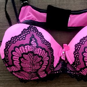 Neon Pink With Black Net Bra For Women.