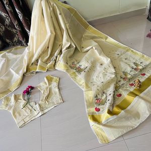 Gold 2 kerala Saree With Blouse