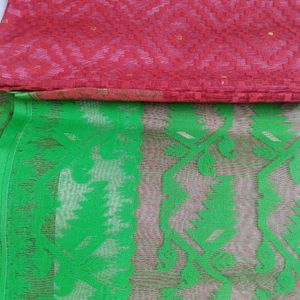 Saree, Red And Green Colour Combination Jamdani