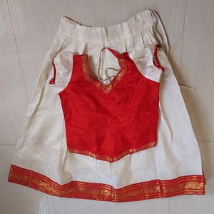 Red & Cream Pattupavada/Langa blouse