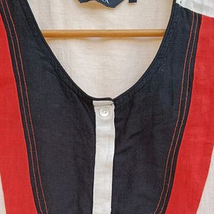 Khadi Look Beige Top w/ Black + Red Bib Collar