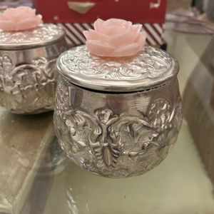 Silver Container With Lid And Pink Roses