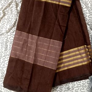 Elegant Brown Saree with Golden Striped Borders