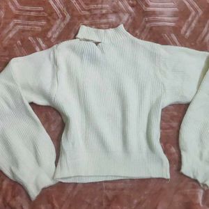 White  Neck Cut Sweater  With Puff Hands