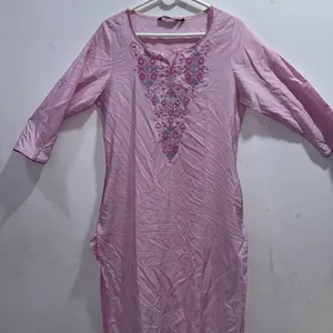 Pink Cotton Kurta Embroidered